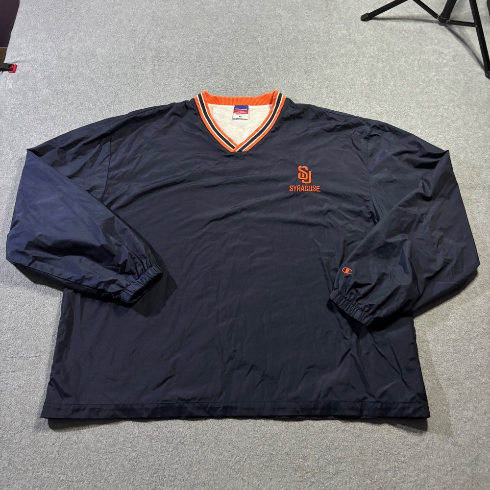 VTG Champion Syracuse Windbreaker Mens XXL Navy Blue Pullover V-Neck Embroidered
